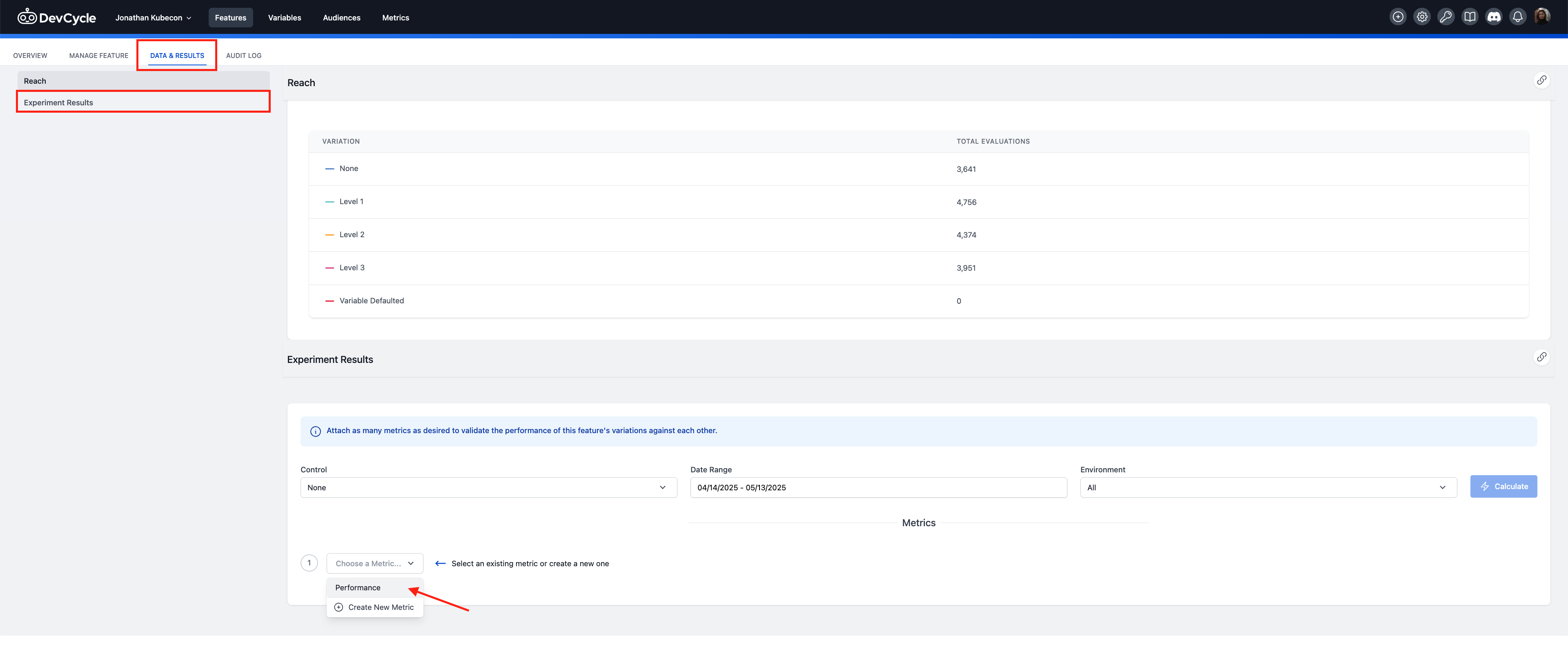 Comparative Analysis tab within a DevCycle feature's Data &amp; Results view